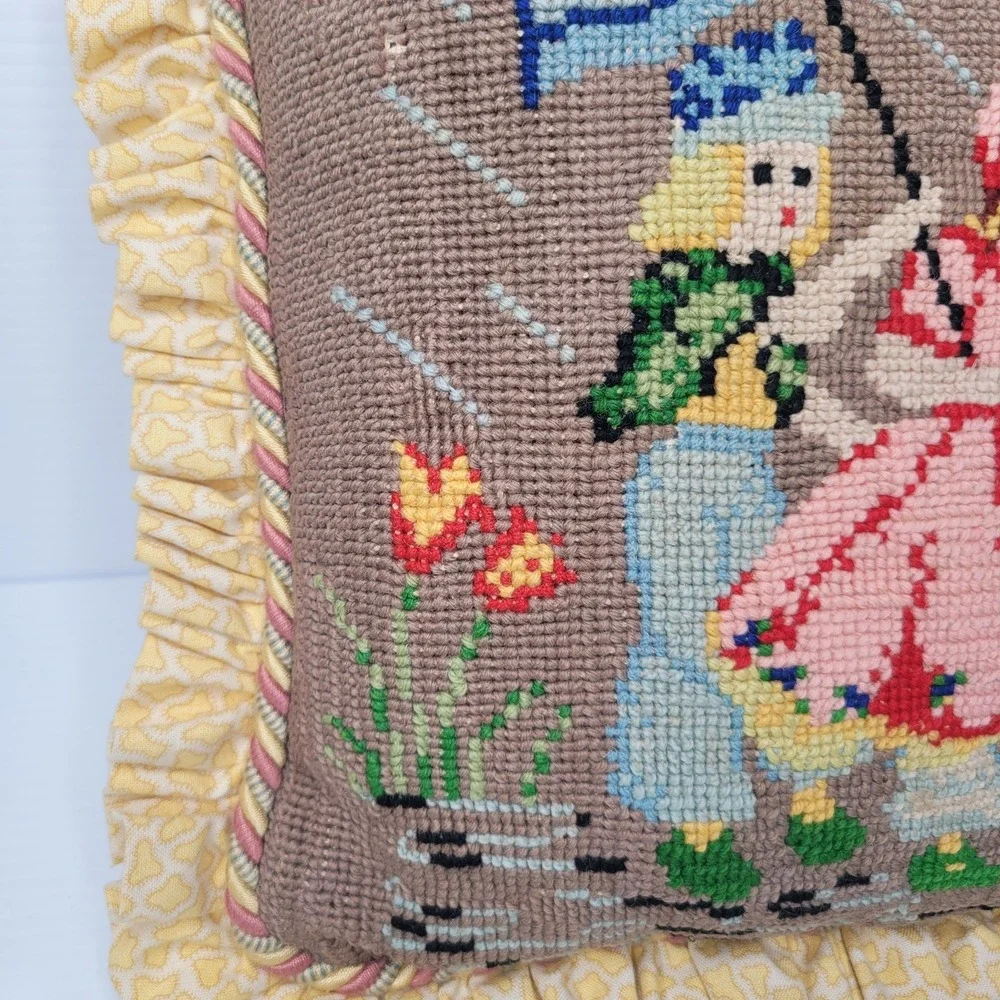 Vintage 2 Girls with Umbrella Needlepoint Pillow 13